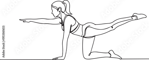 Continuous line drawing of a woman performing a balancing bird dog yoga pose on a white background