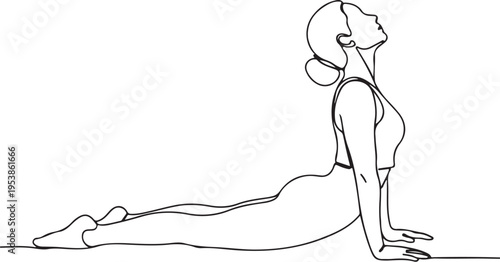 Minimalist continuous line drawing of a woman performing the cobra yoga pose on a white background
