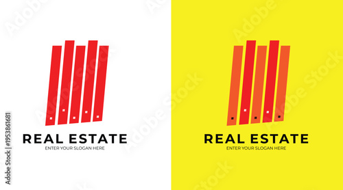 Modern Real Estate Logo Design – Minimal Red Building Bars on Yellow & White Background