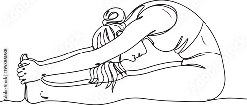 Minimalist continuous line drawing of a woman performing a seated forward fold yoga pose stretch