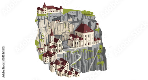 Cliffside Village Illustration with Winding Road and Architectural Variety.