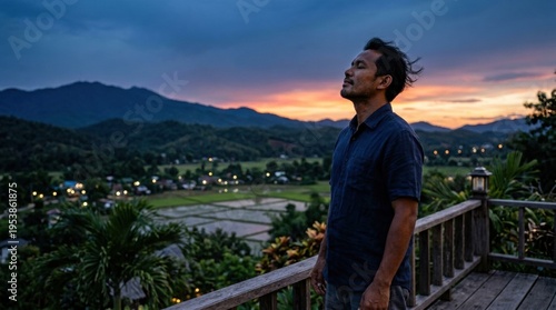 Man Enjoying Scenic Sunset Over Mountains with Lush Landscape and Village Below, Peaceful Nature Moment