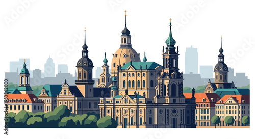 Detailed cityscape illustration featuring historical buildings and architectural landmarks.