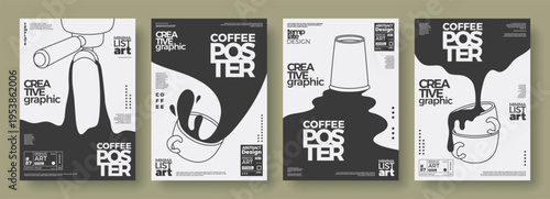 Coffee concept design. Outline posters set of cups, paper cup, part of coffee machine. Abstract templates with spilling, flowing coffee. Minimalist illustrations for wall art, cafe menu, coffeeshop