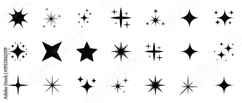Collection of black starburst effects and sparkles
