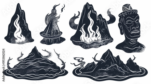 Dark, textured drawings of mountains, water, fire, statue and a witch hat on a white background