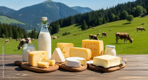 A variety of dairy products on a wooden table with a mountainous background.