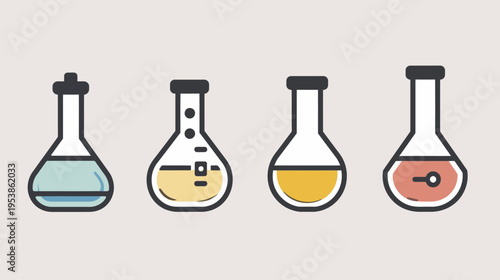 Four science beakers with different colored liquids set against a neutral background