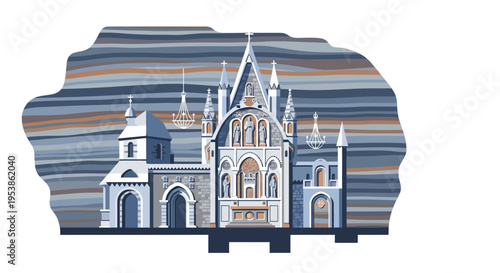 Detailed illustration of a grand gothicstyle cathedral facade.
