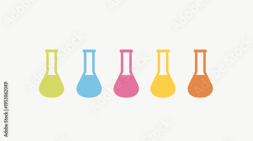 Row of colorful chemistry flask illustrations on a bright white background