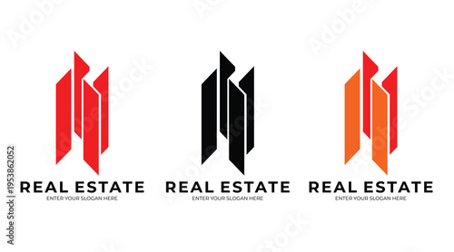 Modern Real Estate Logo Set – Abstract Red Black Orange Building Mark Collection