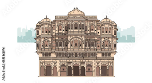 Detailed Illustration of a Grand Indian Palace Facade.