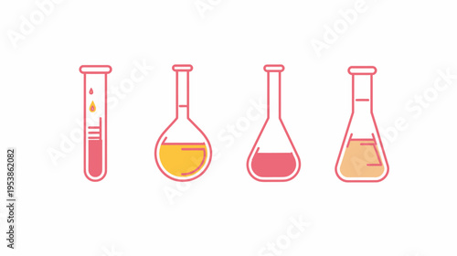 Pink-outlined chemistry equipment, test tube, round & conical flasks with colorful liquid