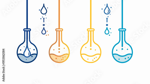 Four colored laboratory flasks with liquid and droplet outlines against white backdrop