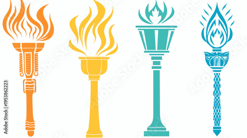Four differently styled stylized torches with flames, rendered in orange, yellow, aqua, blue