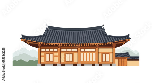 Detailed Illustration of a Traditional Korean Hanok Building.