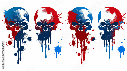 Row of four skulls in red and blue with dripping paint effect on white background