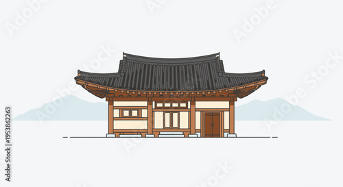 Detailed Illustration of a Traditional Korean Hanok House.