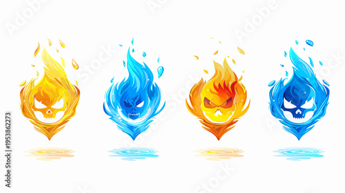 Four stylized fiery skull spirits in yellow, orange, and blue hues on white
