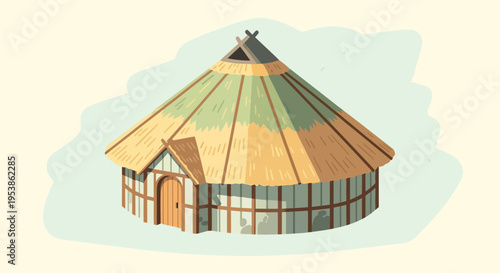 Detailed Illustration of a Traditional Roundhouse Structure.