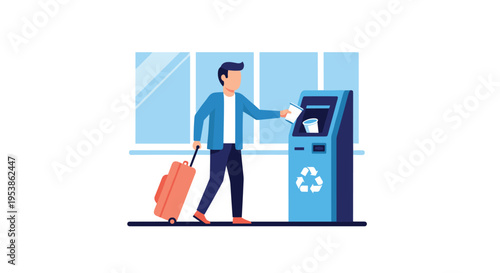 A man with a suitcase deposits a cup into a blue recycling machine in a public indoor setting.