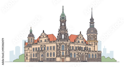 Detailed illustration of Dresden Castle a landmark in Germany.