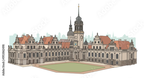 Detailed illustration of Dresden Castle a historic landmark in Germany.
