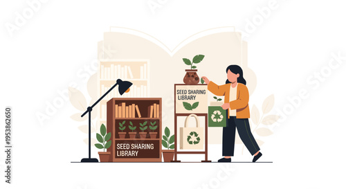 A woman organizes plants and books at a seed sharing library stand with a bookshelf in the background.