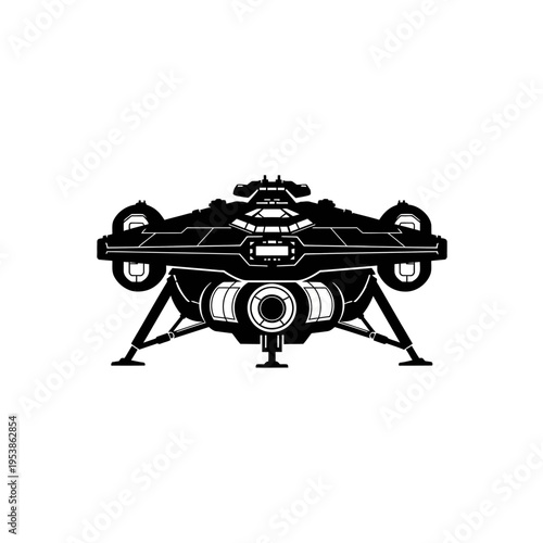 Futuristic Spaceship Silhouette Isolated on White Background.