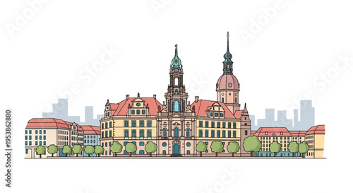Detailed Illustration of Dresden Cityscape with Prominent Buildings.