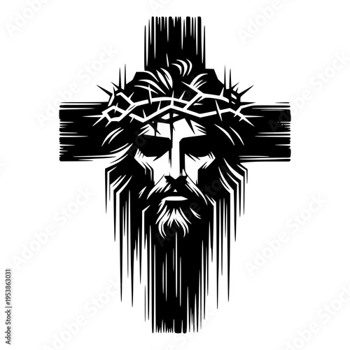 Crucifixion Icon: An illustration of a black Christian cross, with a striking depiction of a suffering face surrounded by a crown of thorns, a powerful symbol of faith and devotion.