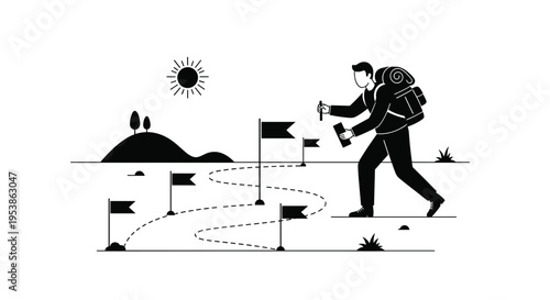 A backpacker with a walking stick navigates a dotted path marked by flags across a minimalist landscape.