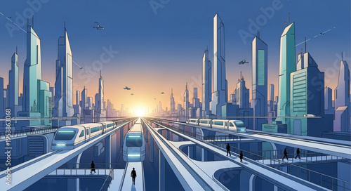 Futuristic Cityscape with Elevated Trains and Gleaming Skyscrapers at Sunset.