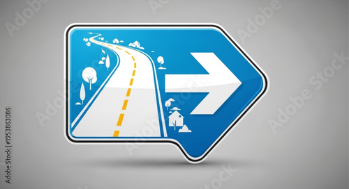 Blue Arrow Sign with Road Illustration Pointing Right.