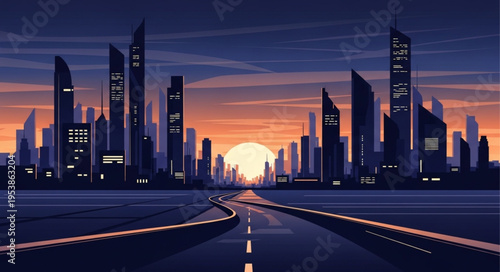 Cityscape Silhouette at Sunset - A Modern Metropolis Beckons.