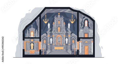 Detailed interior view of a grand church altar.