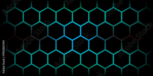 Dark hexagon abstract technology background with blue and green colored bright flashes under hexagon. Hexagonal gaming vector tech illustration black abstract background. vector