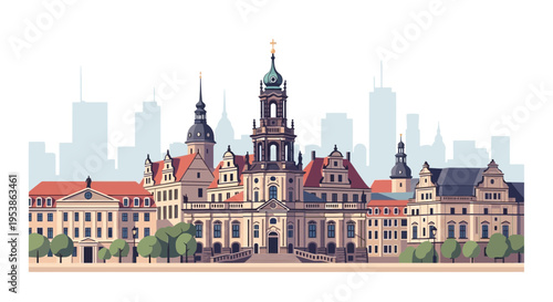 Detailed Vector Illustration of Dresden Skyline with Prominent Buildings.