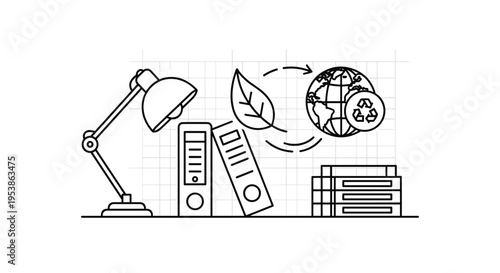 A line art illustration shows a desk lamp, binders, and a globe with recycling and leaf symbols on a grid background.