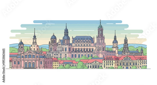 Dresden Skyline Illustration A Detailed View of the Citys Architecture.