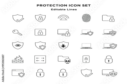 High-quality editable line icon pack showcasing essential security concepts such as firewall, encryption, malware protection, and device safety, ideal for tech branding and interface design.