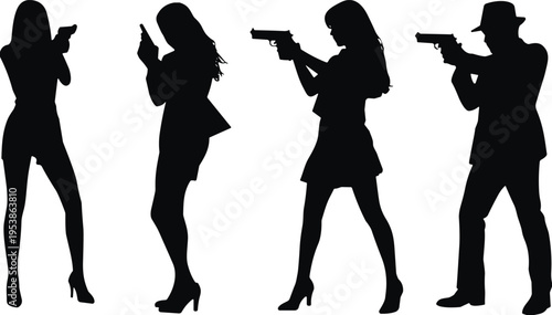 spy silhouettes, secret agents, armed figures, detective style, noir characters, crime scene concept, espionage theme, gun pose, mystery action, silhouette design