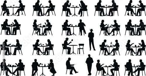 restaurant silhouettes, people dining, cafe conversation, couple meeting, social interaction, dinner table, waiter service, dating scene, business meeting, nightlife