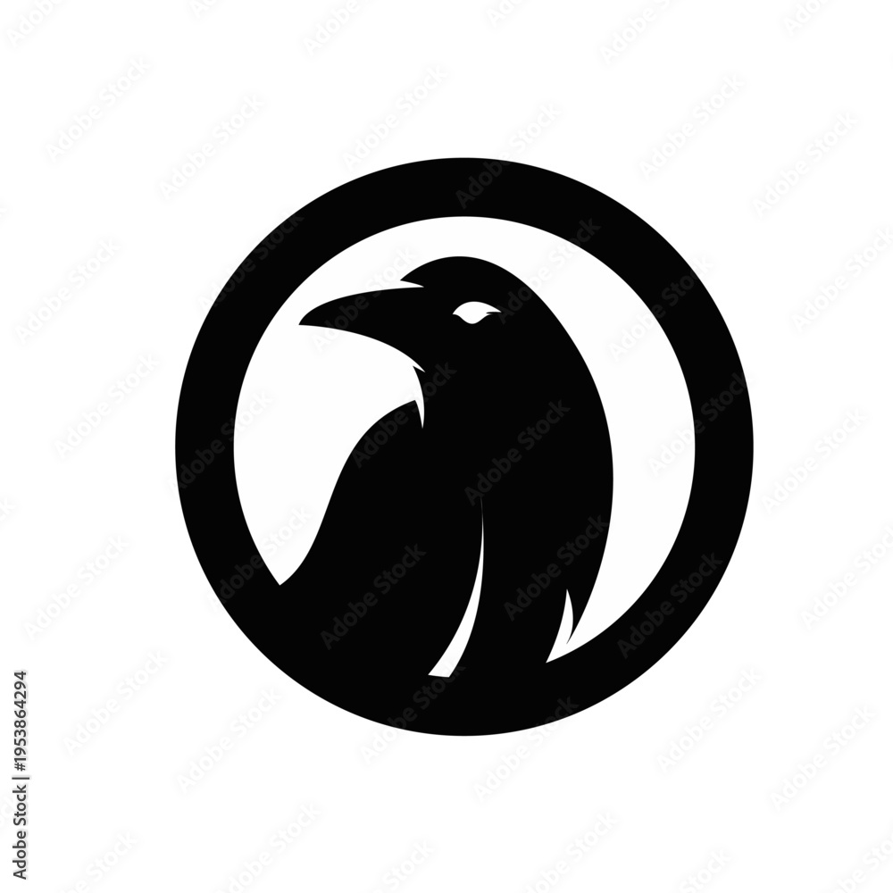 Obraz premium Minimalist Black Raven Bird Head Logo in Circle. Stylized Crow Symbol Design.