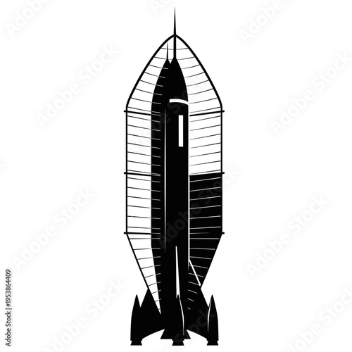 Monochrome Illustration of a Space Rocket with Support Structure.
