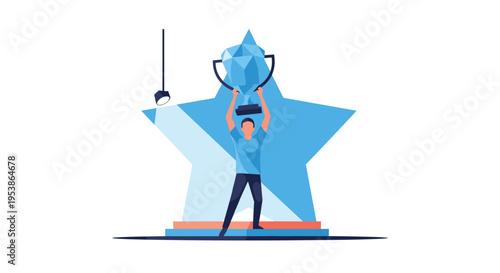 A triumphant person stands on a stage, holding a large blue faceted trophy in front of a giant star.