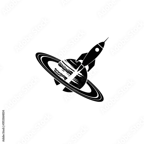 Monochrome Rocket Ship Orbiting a Planet with Rings Illustration.