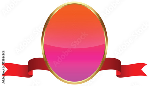 Glossy gradient oval frame with shiny metallic gold border and curved ribbon