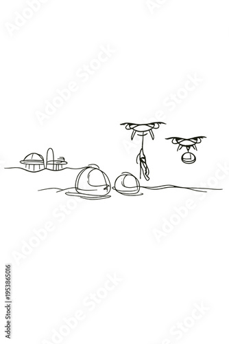 Safety Pods and Drones. Emergency and safety systems. Minimalistic one-line drawing safety pods and rescue