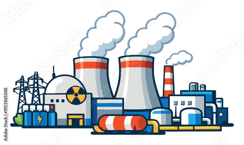 Nuclear power plant illustration producing clean energy. Cooling towers emitting steam, reactor building with radiation symbol
